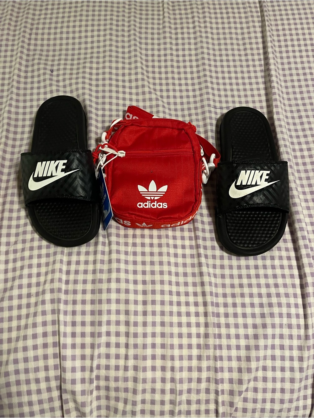 Nike Black Slide Sandals with Red Adidas Mini Bag